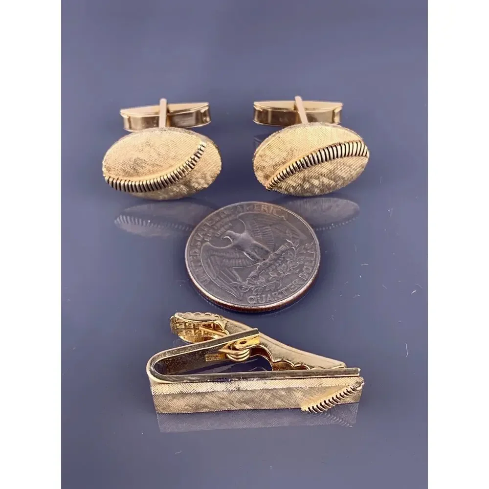 Oval Rope Coil Gold Plated Cufflinks Tie Clip Textured MCM Modern Vintage